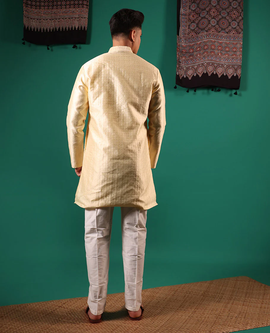 Gold unique patterns embossed full-sleeved men's kurta set - Image 5