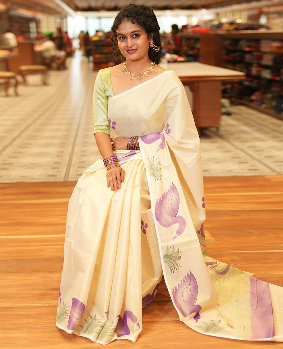 Gold-Violet Kerala Cotton Saree Subtly Sparked with Handblock-Printed Floral and Duck Motifs, Featuring a Self Pallu with Pond-Themed Handblock Prints, Paired with a Matching Plain Blouse - Image 3