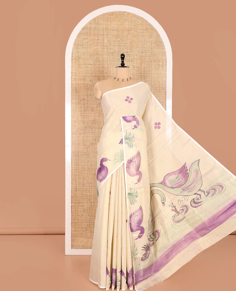 Gold-Violet Kerala Cotton Saree Subtly Sparked with Handblock-Printed Floral and Duck Motifs, Featuring a Self Pallu with Pond-Themed Handblock Prints, Paired with a Matching Plain Blouse - Image 5