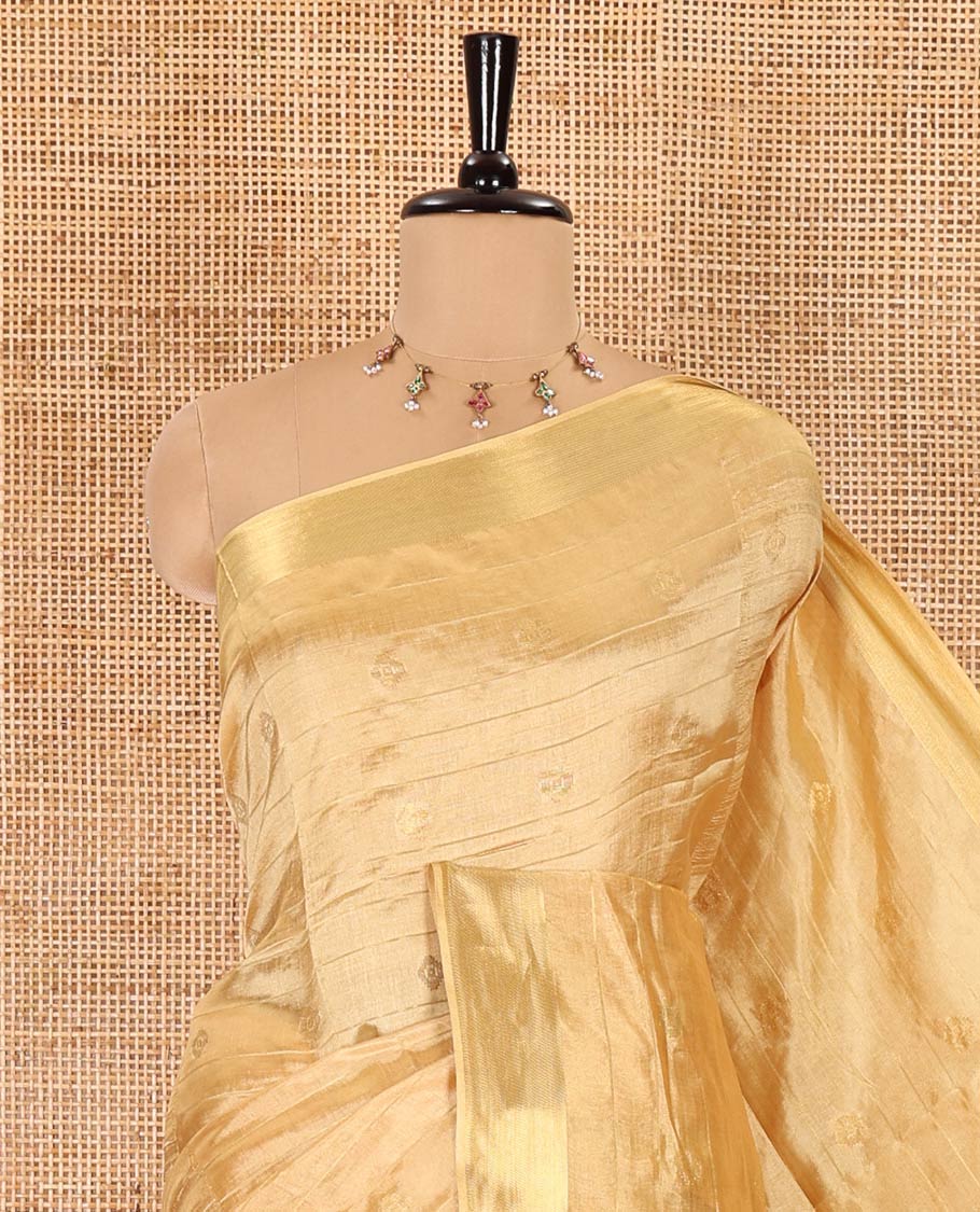 Gold zari buttas and striped banana pith saree, bavanji border, zari striped pallu, and a matching blouse - Image 2