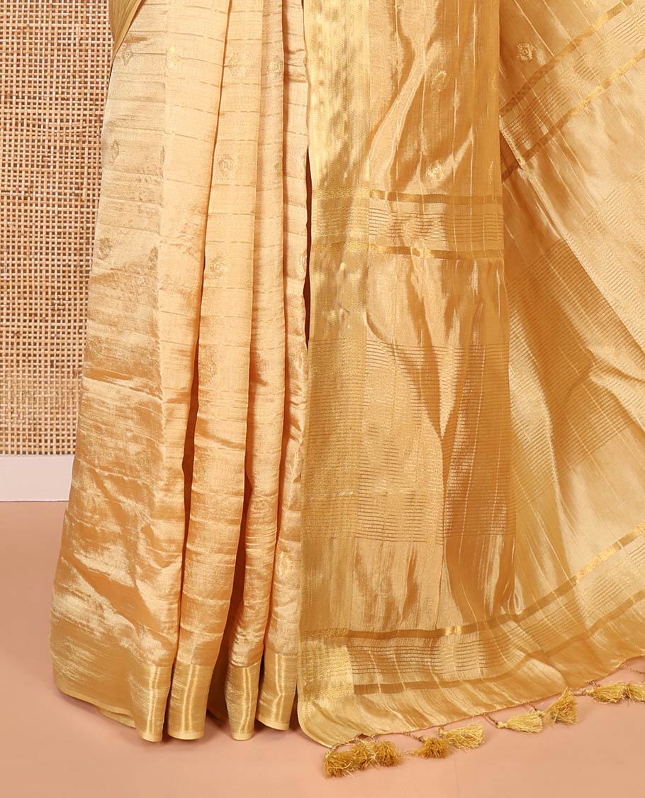 Gold zari buttas and striped banana pith saree, bavanji border, zari striped pallu, and a matching blouse - Image 3