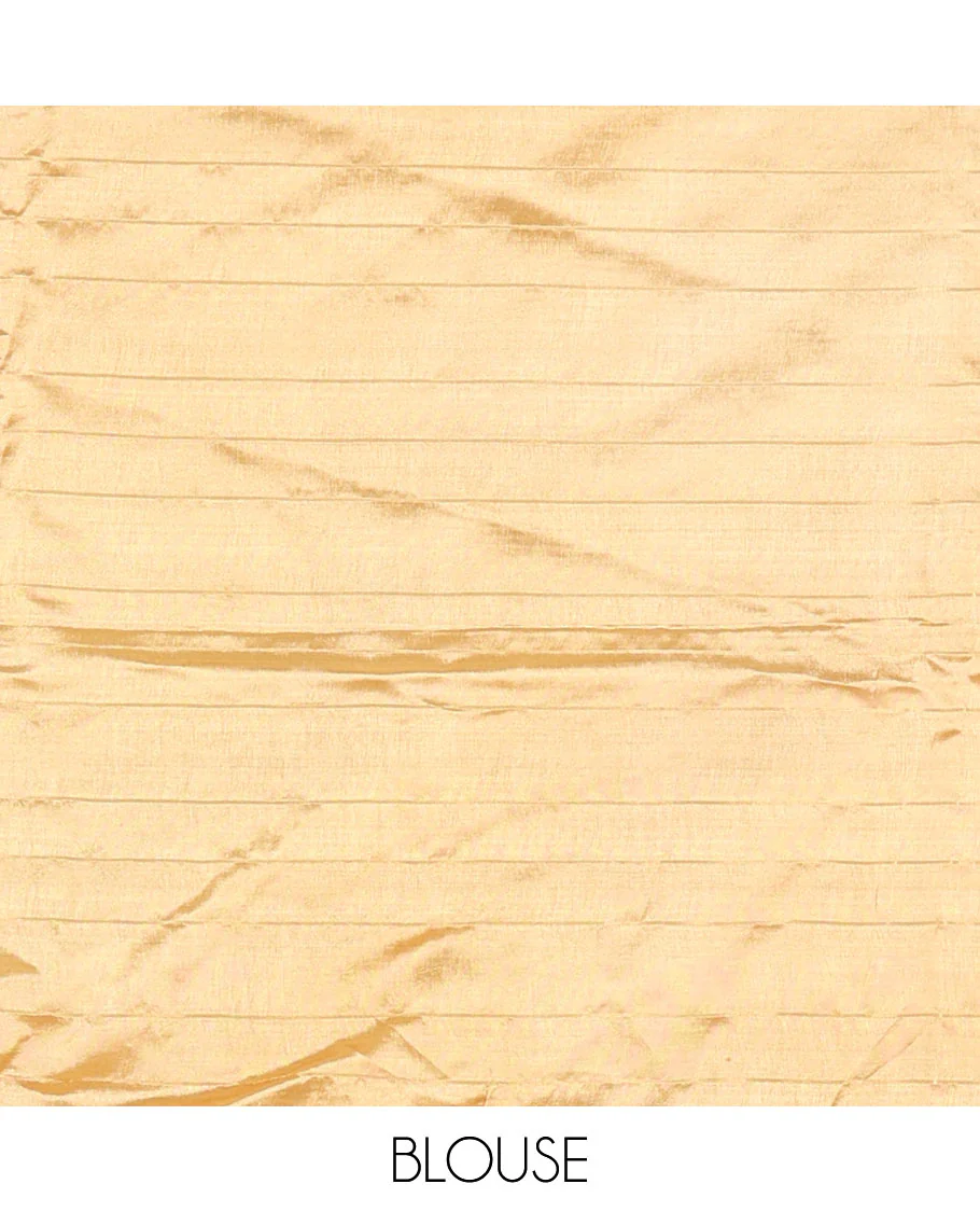 Gold zari buttas and striped banana pith saree, bavanji border, zari striped pallu, and a matching blouse - Image 4