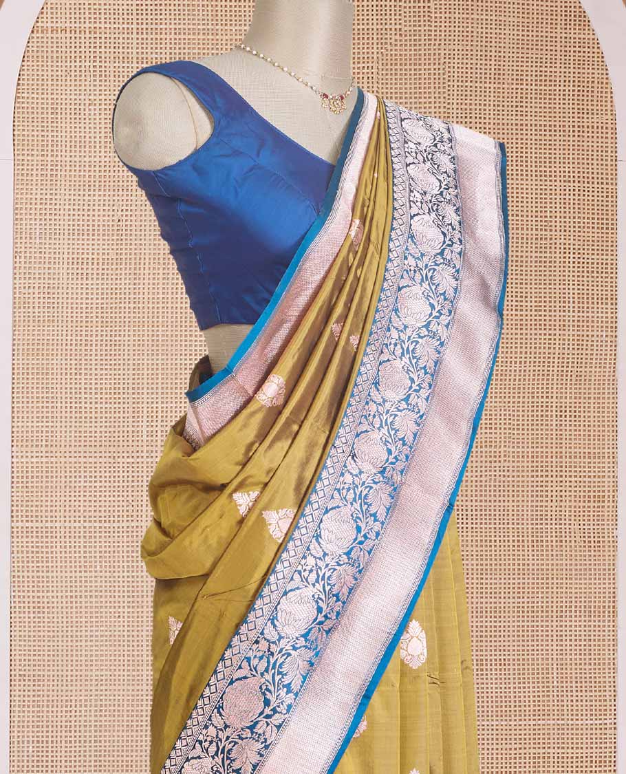 Gold zari buttas Banarasi kathan silk saree, contrast traditional zari floral creeper border, and pallu features dobby style buttas - Image 3