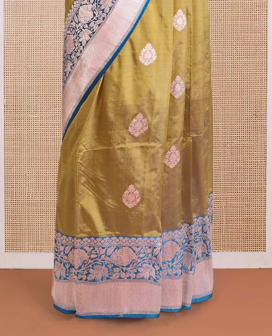 Gold zari buttas Banarasi kathan silk saree, contrast traditional zari floral creeper border, and pallu features dobby style buttas - Image 4