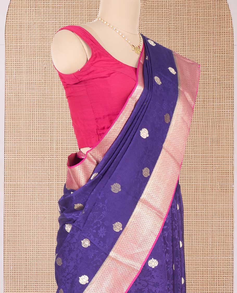 Blue floral vine embossed and zari buttas Mysore silk saree, contrast traditional zari design border, and pallu - Image 3