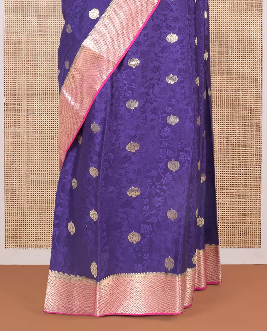 Blue floral vine embossed and zari buttas Mysore silk saree, contrast traditional zari design border, and pallu - Image 4