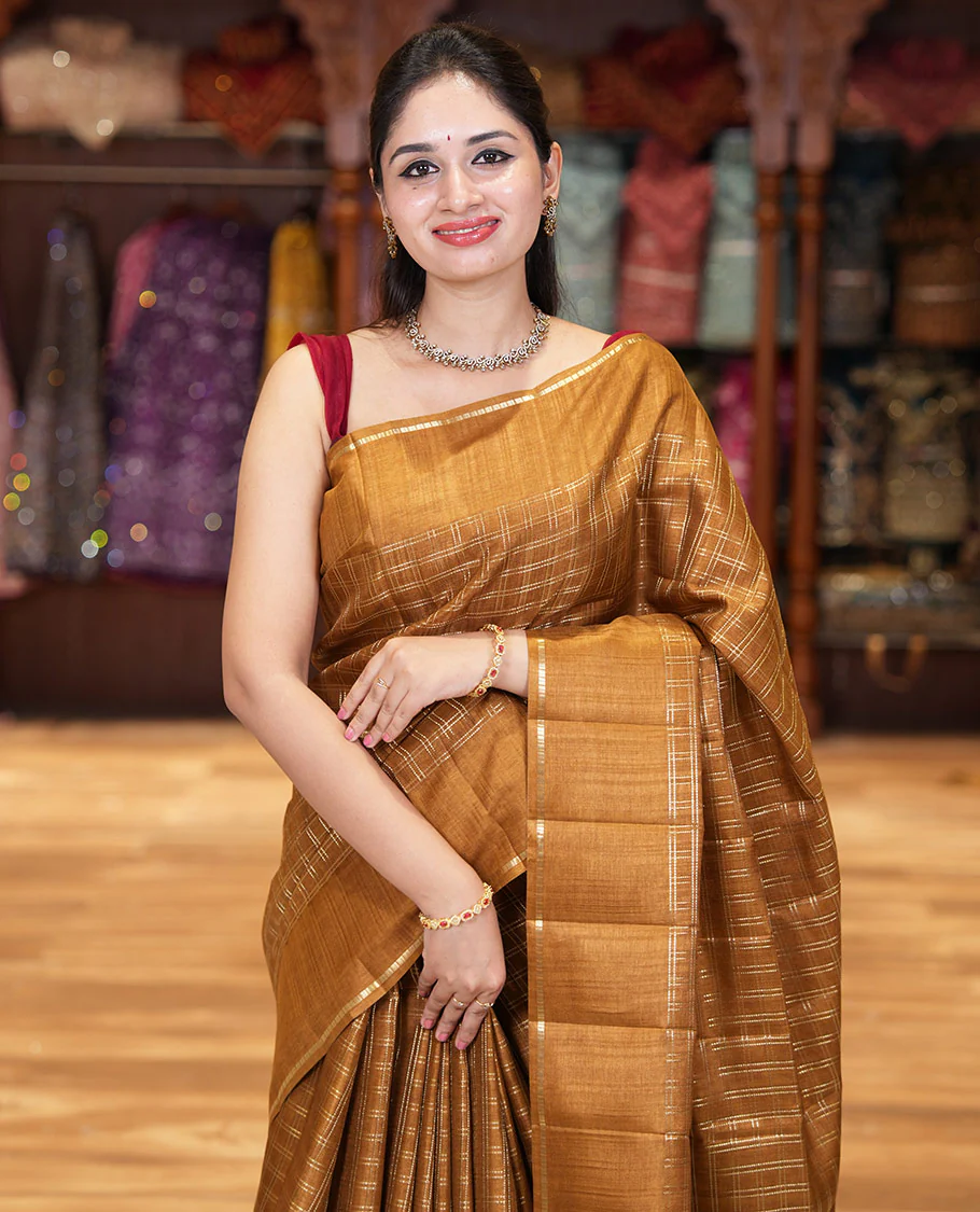 Golden brown zari checked fancy tussar silk saree, zari striped border, plain pallu, and a matching blouse - Image 2