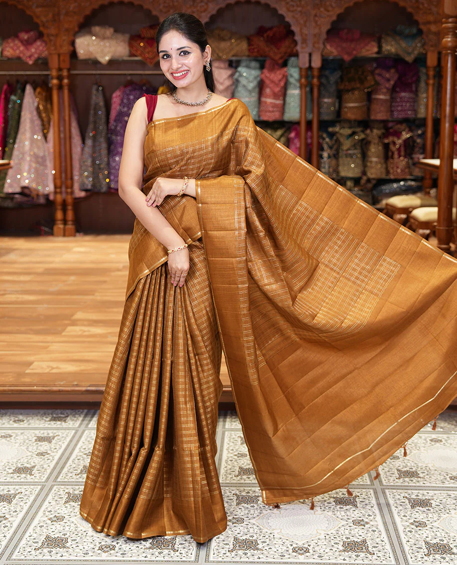 Golden brown zari checked fancy tussar silk saree, zari striped border, plain pallu, and a matching blouse - Image 3