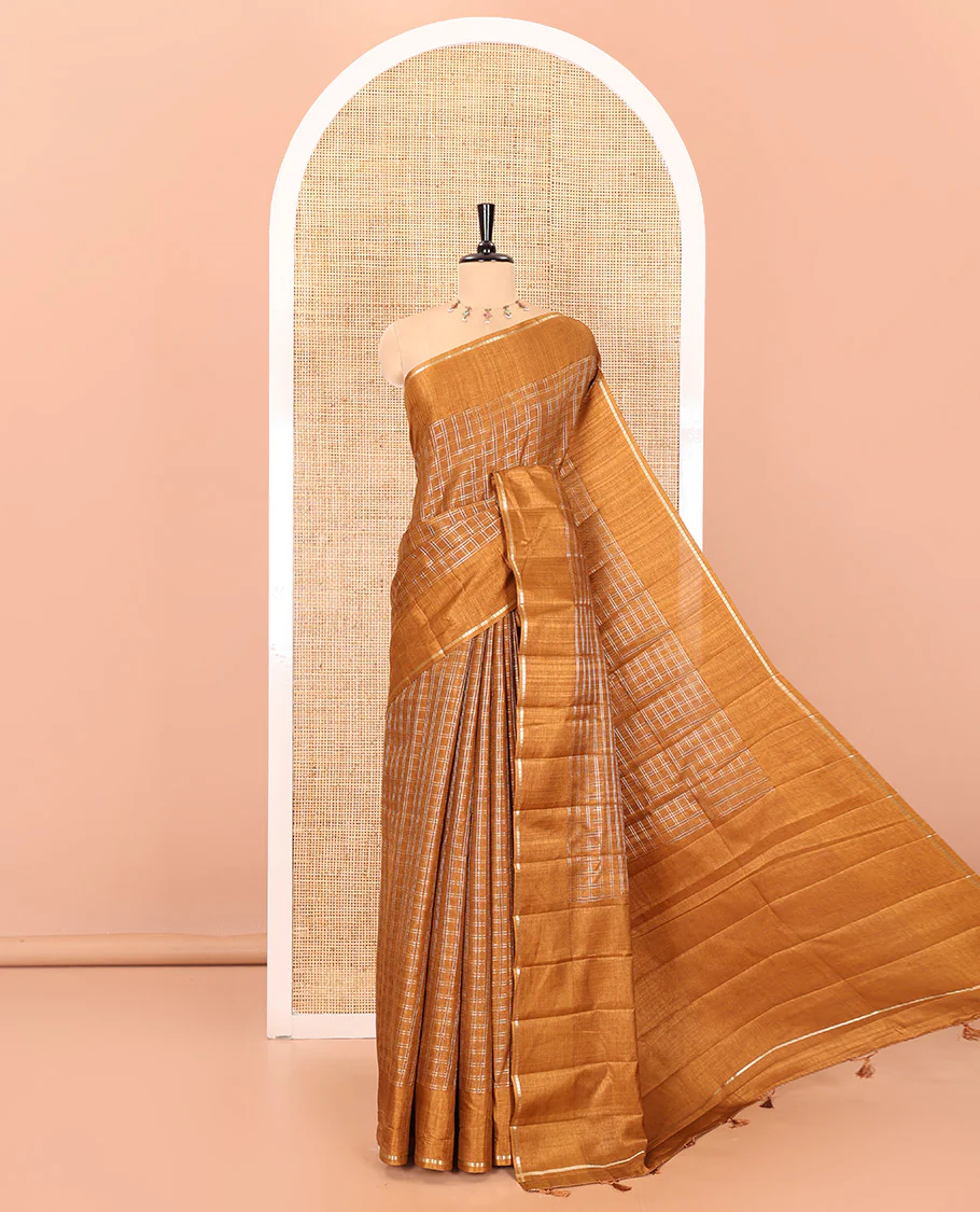 Golden brown zari checked fancy tussar silk saree, zari striped border, plain pallu, and a matching blouse - Image 4