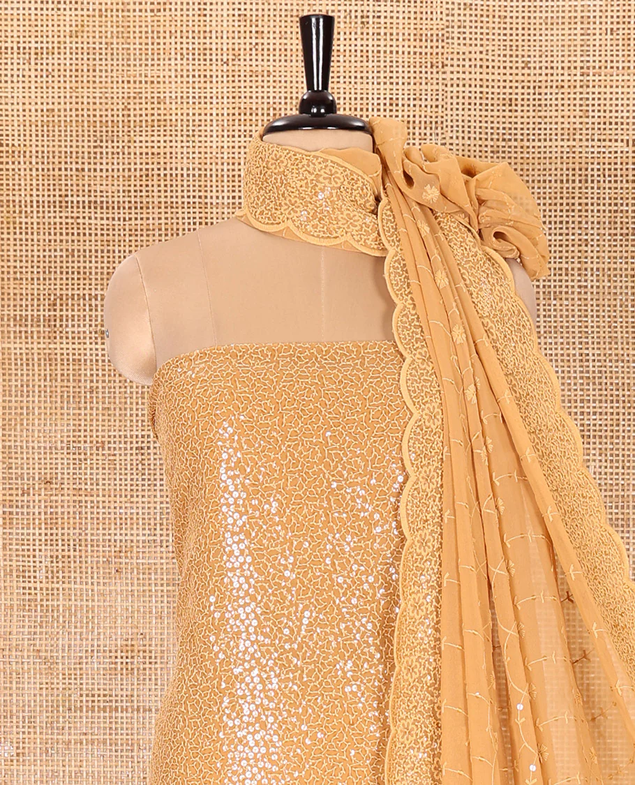 Golden Material Chudidar Set Features Sequin Embroidered Georgette Top, a Plain American Crepe Bottom, and a Scallop Dupatta Embellished with Floral Vine Embroidery - Image 3