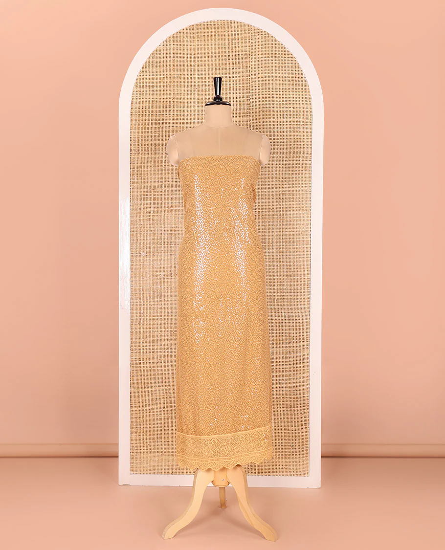 Golden Material Chudidar Set Features Sequin Embroidered Georgette Top, a Plain American Crepe Bottom, and a Scallop Dupatta Embellished with Floral Vine Embroidery - Image 4