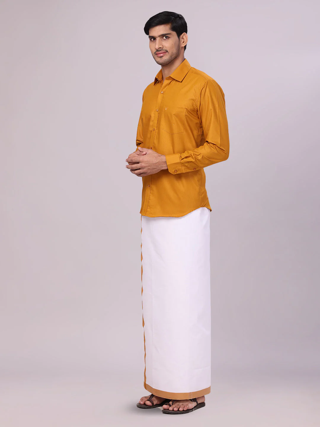 Mens Cotton Golden Yellow Matching Shirt and Dhoti Combo Luster - Image 2
