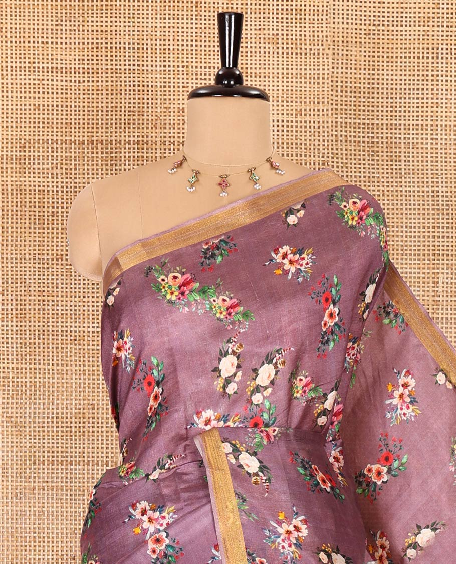 Grape-color colorful floral bunches printed banana pith saree, piping zari border, striped pallu, and a printed blouse - Image 2