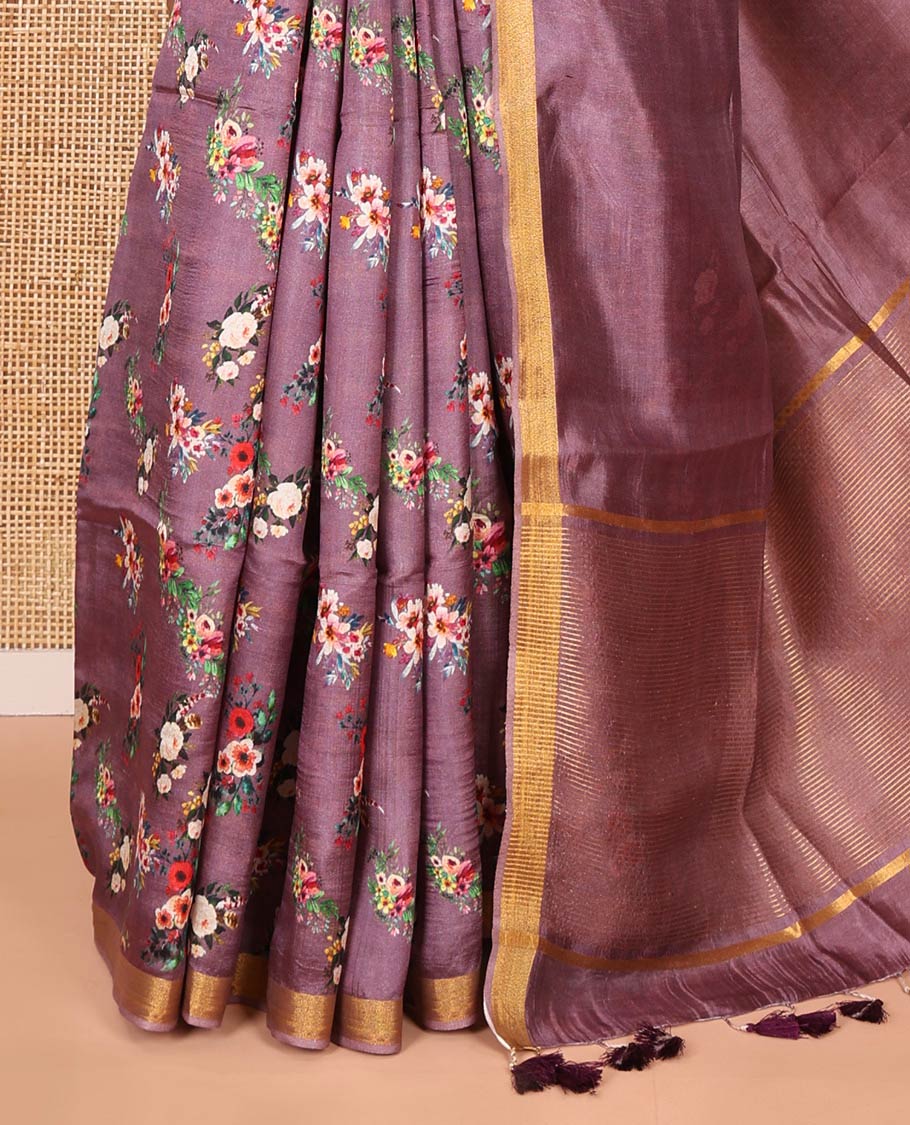 Grape-color colorful floral bunches printed banana pith saree, piping zari border, striped pallu, and a printed blouse - Image 3