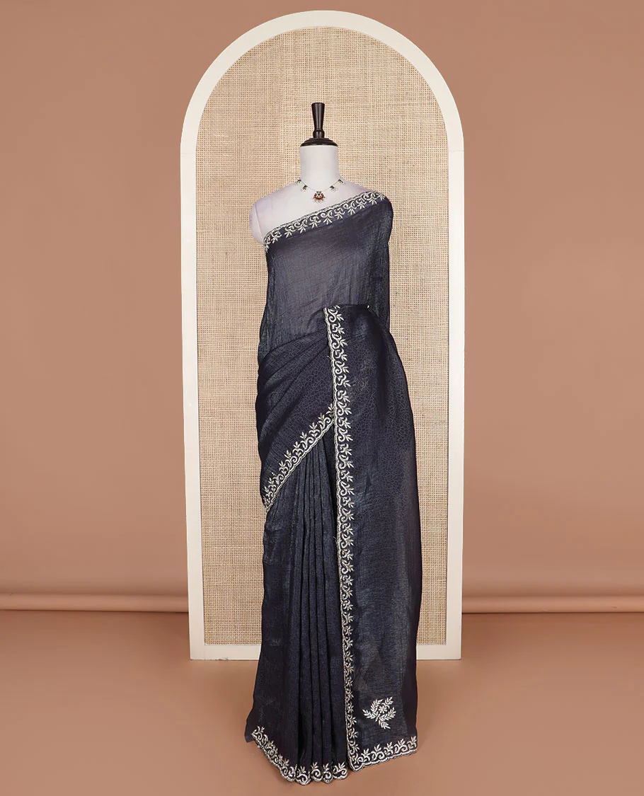 Graphite grey geometric printed designer saree, vine design stone embroidered scallop border - Image 2