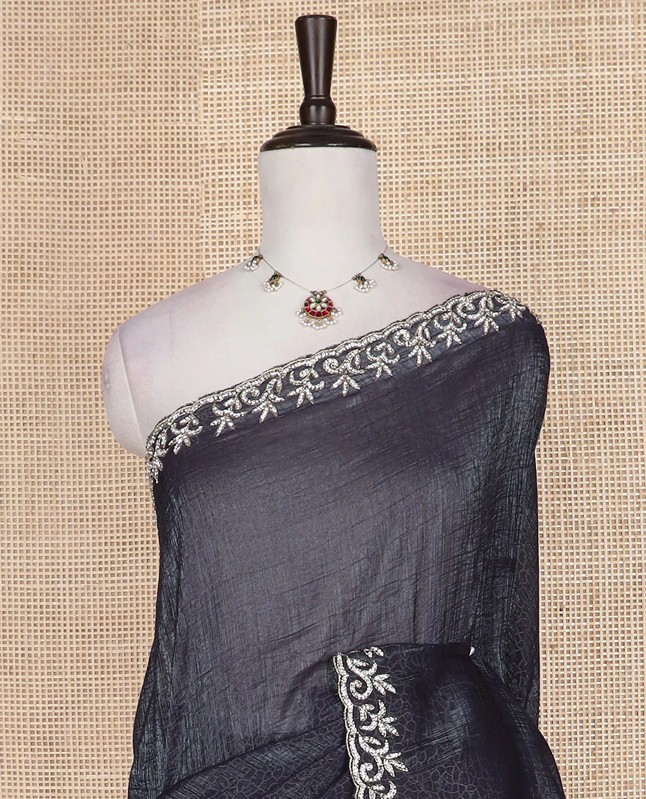 Graphite grey geometric printed designer saree, vine design stone embroidered scallop border - Image 3