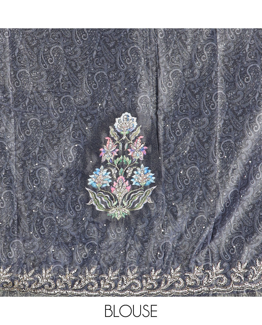 Graphite grey geometric printed designer saree, vine design stone embroidered scallop border - Image 4
