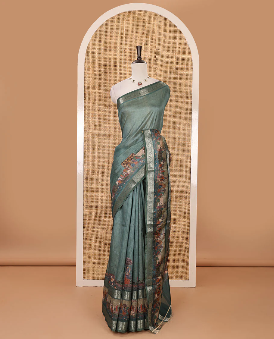 Green ancient human printed semi-tussar saree, traditional zari and ancient human motifs printed border, printed pallu & running blouse - Image 2