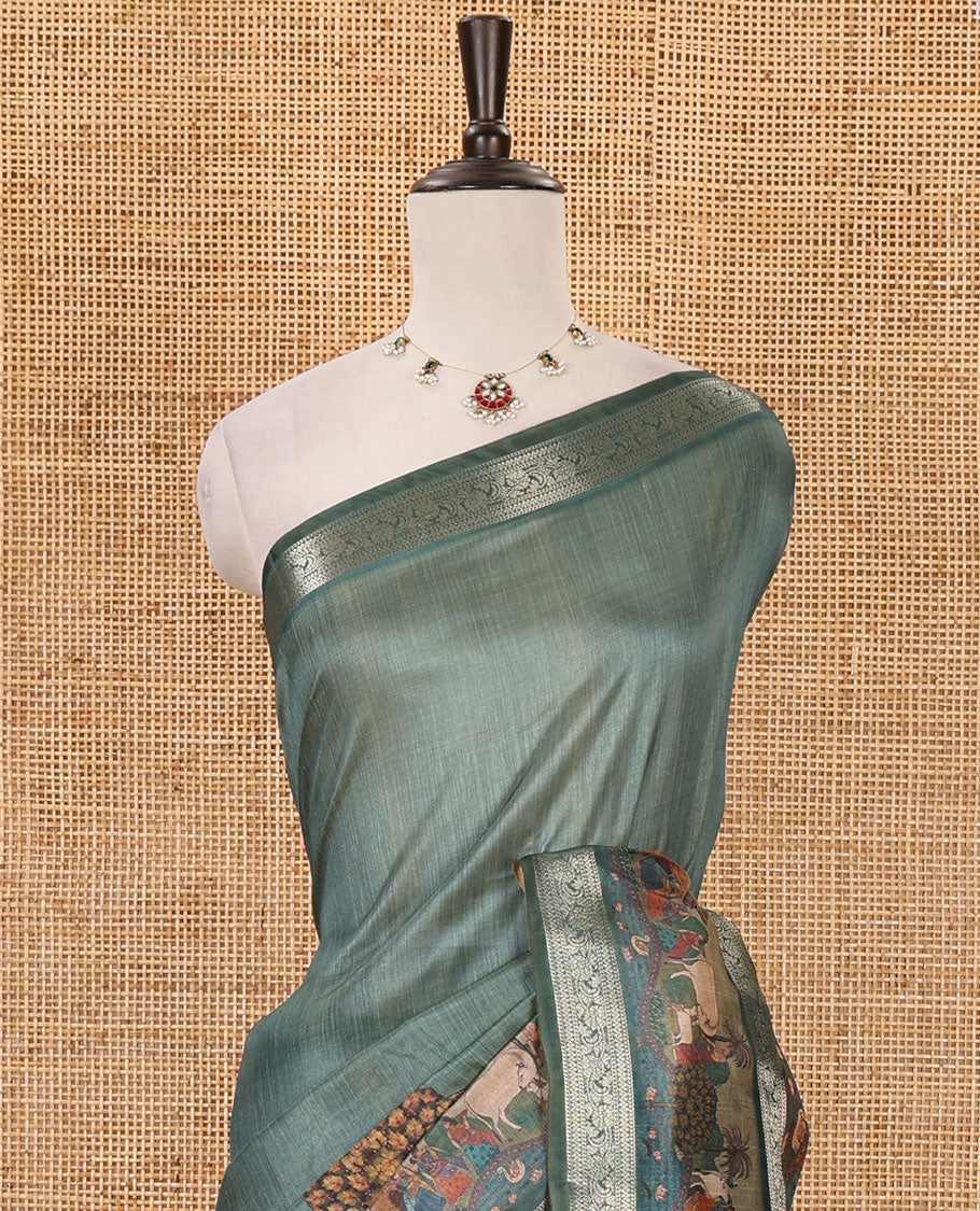 Green ancient human printed semi-tussar saree, traditional zari and ancient human motifs printed border, printed pallu & running blouse - Image 3