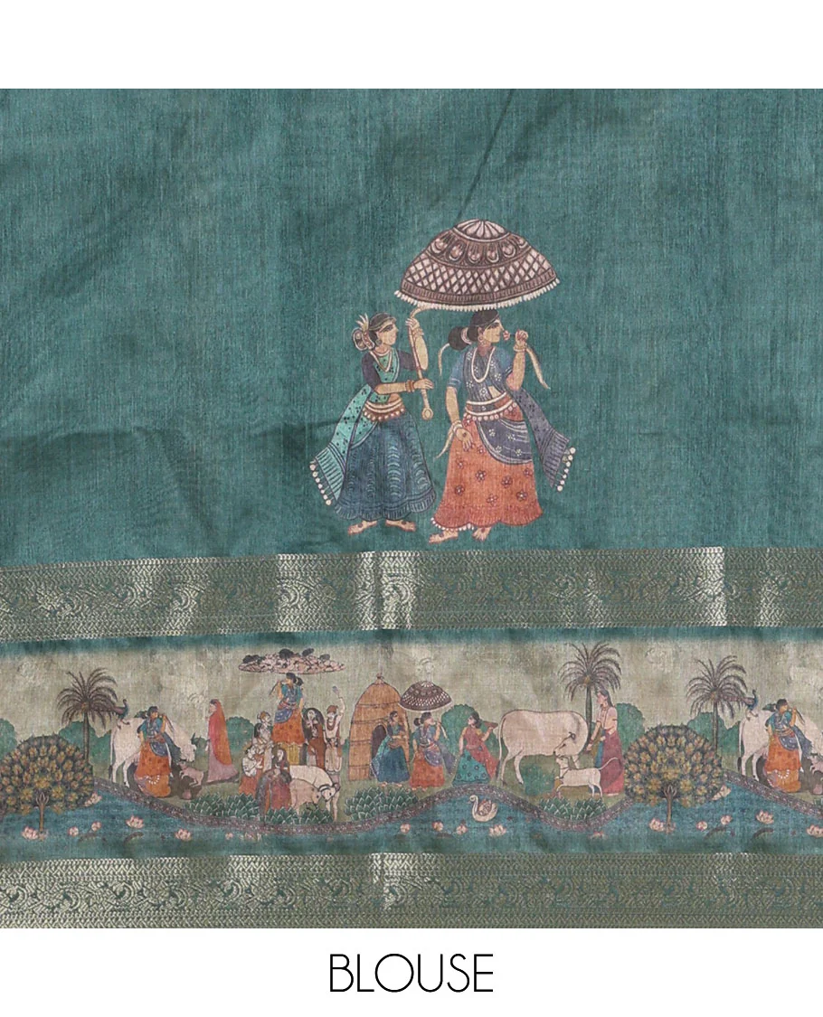 Green ancient human printed semi-tussar saree, traditional zari and ancient human motifs printed border, printed pallu & running blouse - Image 4
