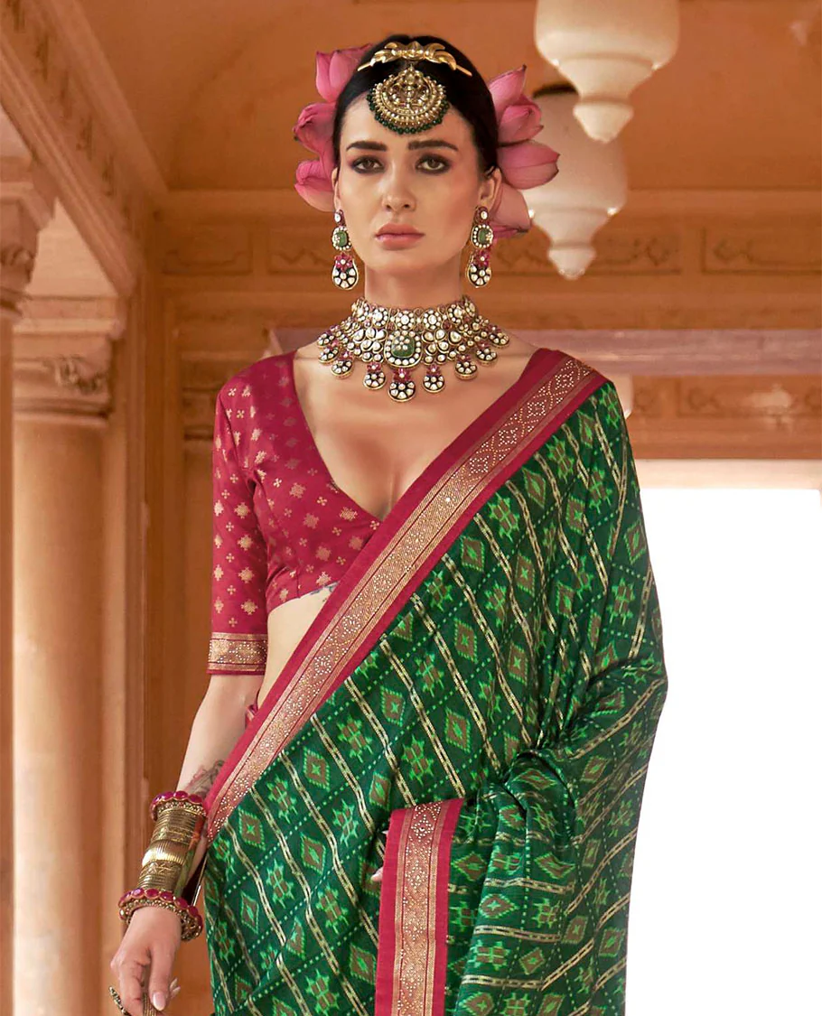 Green and red buttas enclosed checked designer catalog saree, contrast stone work border, and pallu of temple design and stone work - Image 2