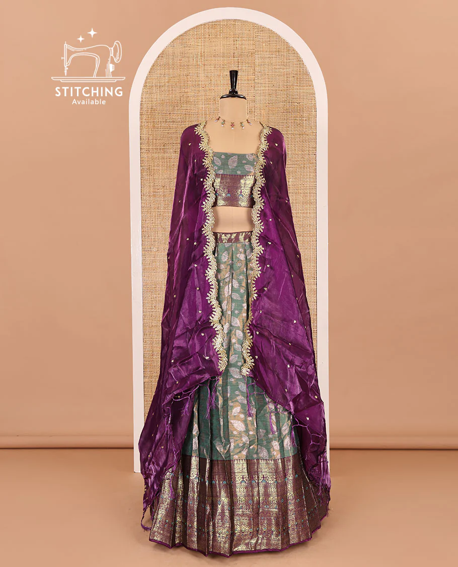 Green and wine half-saree, leaf jacquard with contrast traditional bordered banarasi tissue skirt, a matching blouse, and a contrast scallop embroidered fendi organza dhavani - Image 2