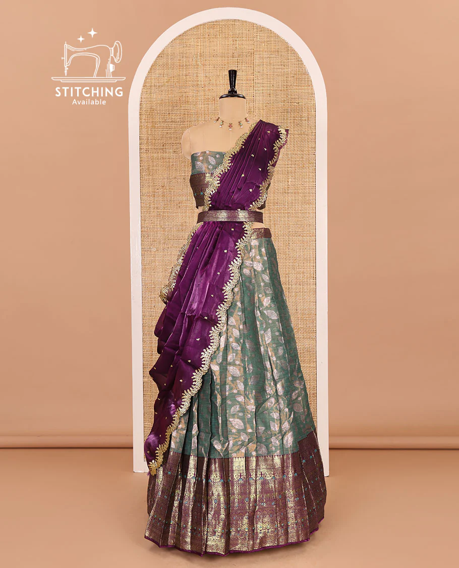 Green and wine half-saree, leaf jacquard with contrast traditional bordered banarasi tissue skirt, a matching blouse, and a contrast scallop embroidered fendi organza dhavani - Image 3