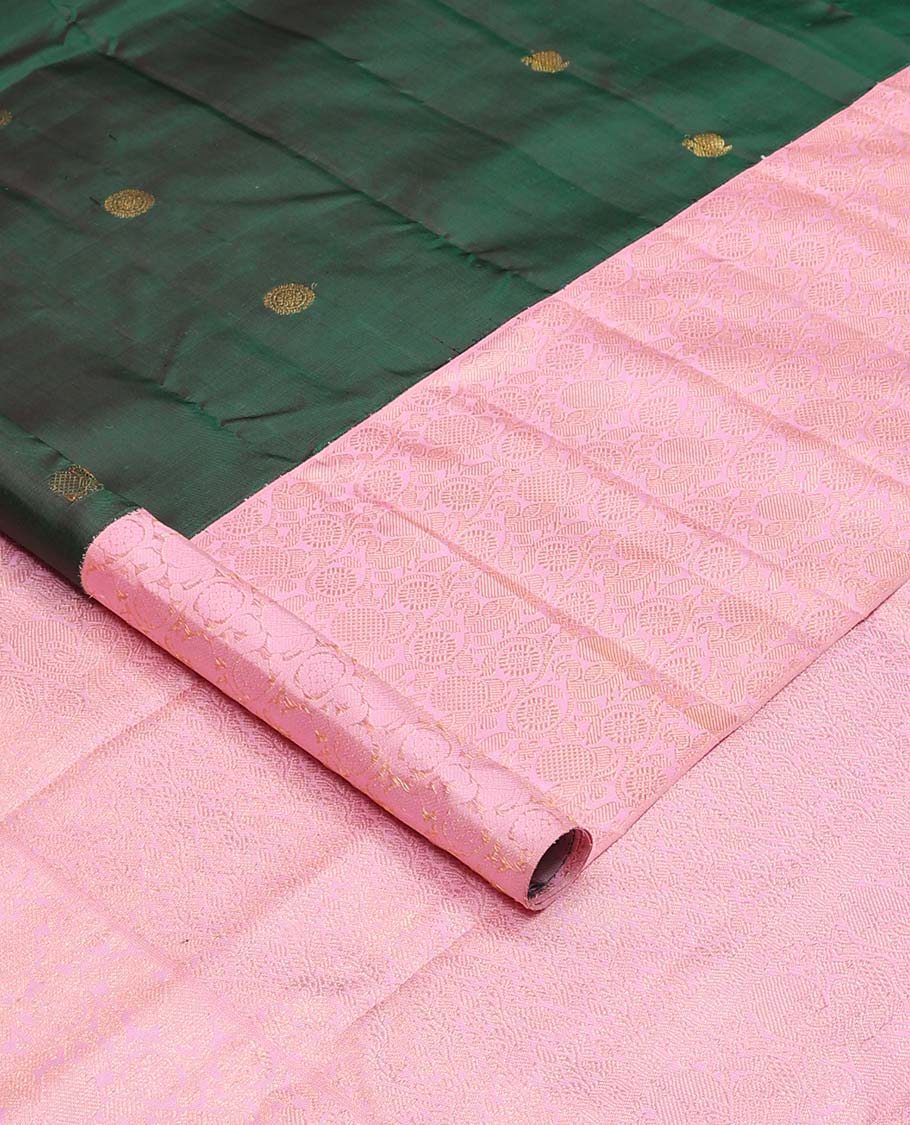 Green annam chakram buttas Kanchipuram silks saree, contrast korvai annam chakram kodi visry border, and intricate pallu - Image 2