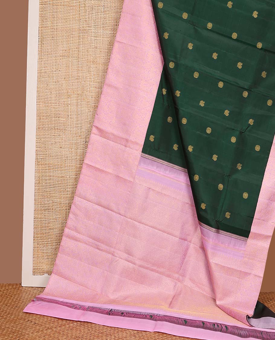 Green annam chakram buttas Kanchipuram silks saree, contrast korvai annam chakram kodi visry border, and intricate pallu - Image 3