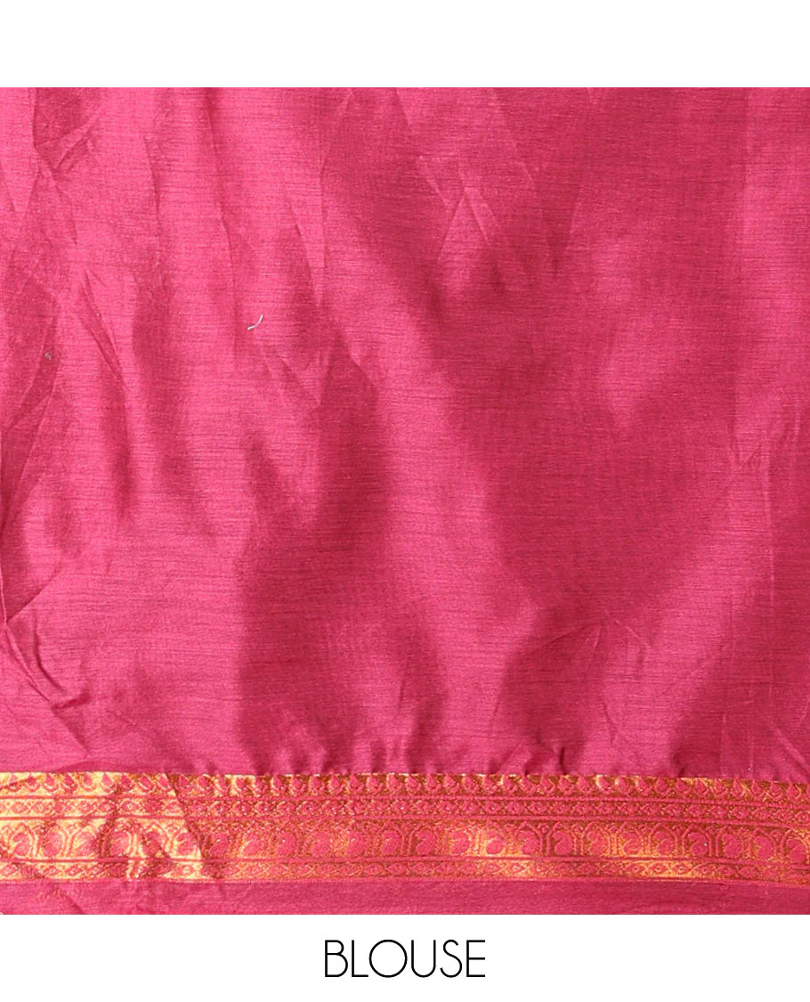 Green art-silk half-saree, plain with contrast temple traditional design bordered skirt, contrast blouse, and plain zari bordered dhavani - Image 4