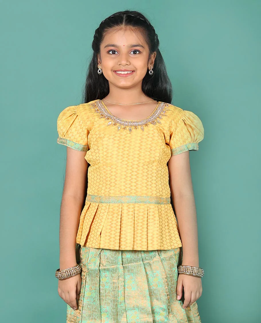 Green art silk readymade pavadai set, jacquard with contrast traditional zari border skirt, and contrast round neck embroidered puff-sleeve blouse - Image 3