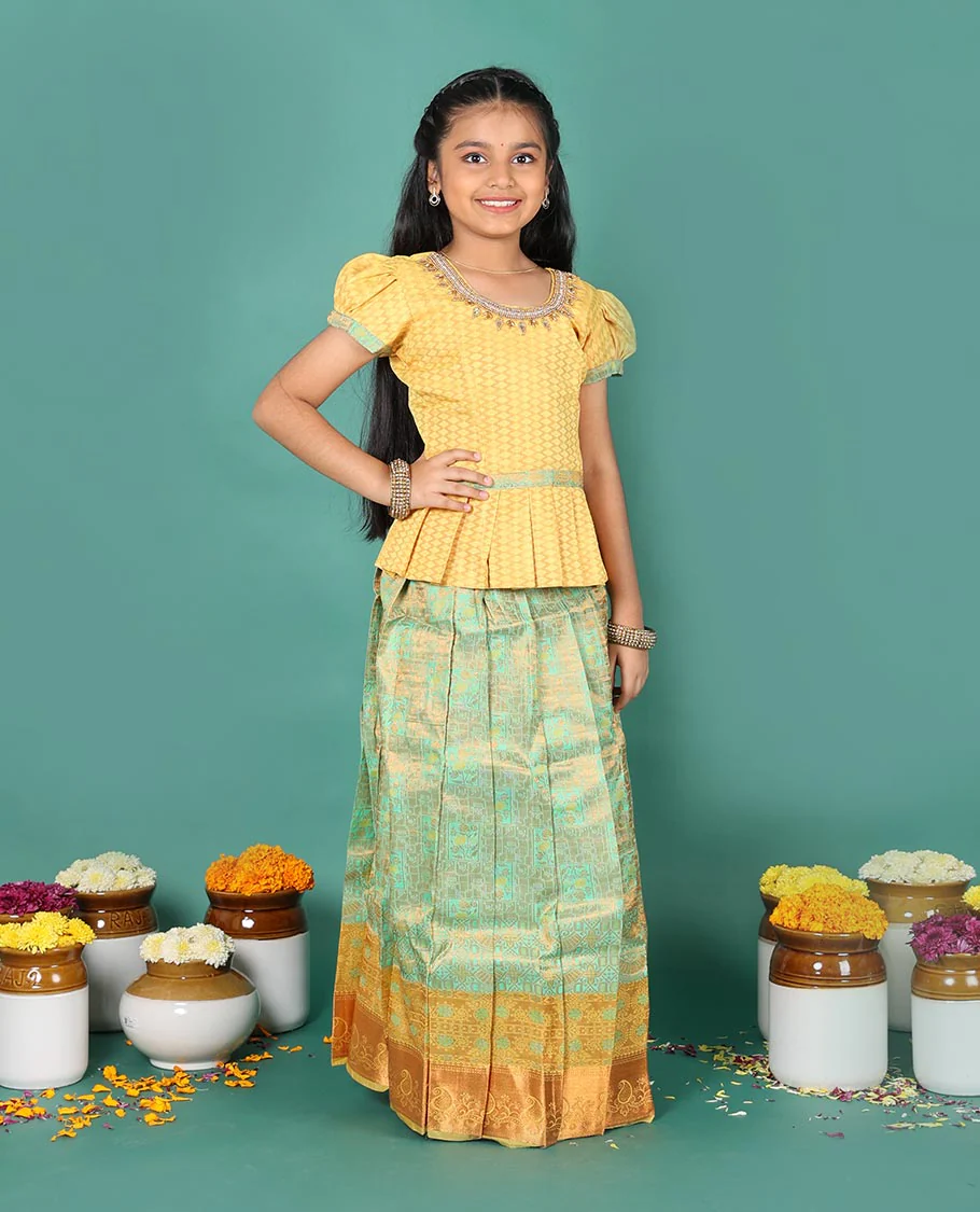 Green art silk readymade pavadai set, jacquard with contrast traditional zari border skirt, and contrast round neck embroidered puff-sleeve blouse - Image 4