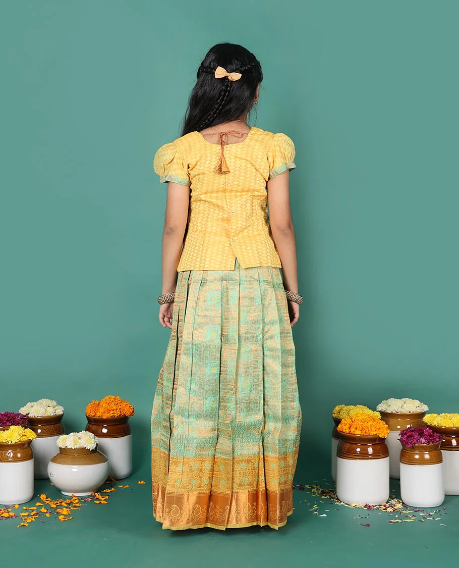 Green art silk readymade pavadai set, jacquard with contrast traditional zari border skirt, and contrast round neck embroidered puff-sleeve blouse - Image 5