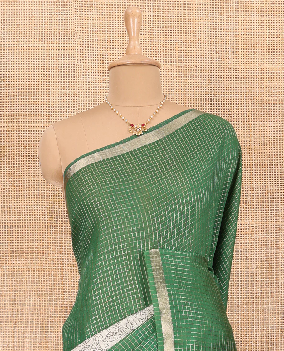 Green Assam Silk Saree Subtly Sparkled with Micro-Checks and Kalamkari Floral Prints, Featuring a Simple Piping Border, a Pallu Woven with Zari Stripes, Paired with a Matching Checked Blouse - Image 2