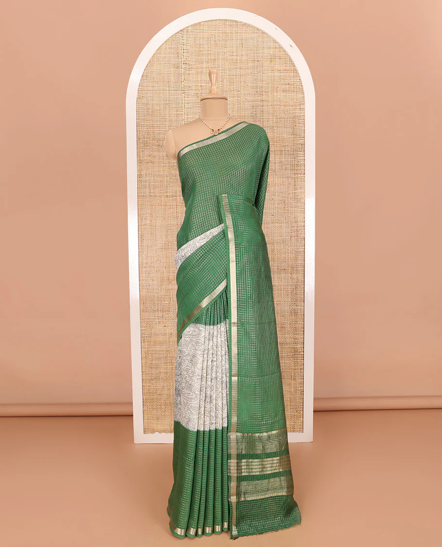 Green Assam Silk Saree Subtly Sparkled with Micro-Checks and Kalamkari Floral Prints, Featuring a Simple Piping Border, a Pallu Woven with Zari Stripes, Paired with a Matching Checked Blouse - Image 3