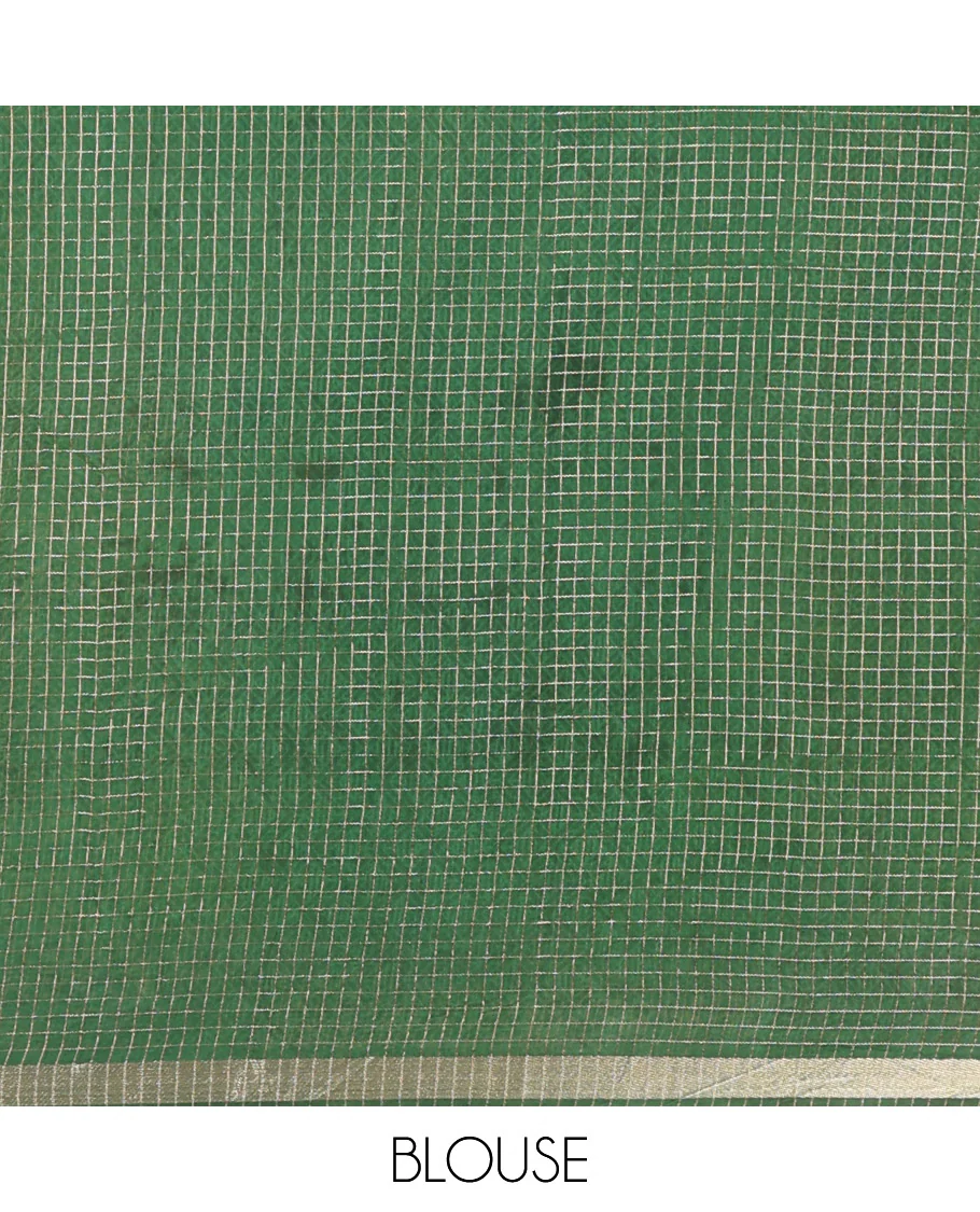Green Assam Silk Saree Subtly Sparkled with Micro-Checks and Kalamkari Floral Prints, Featuring a Simple Piping Border, a Pallu Woven with Zari Stripes, Paired with a Matching Checked Blouse - Image 4
