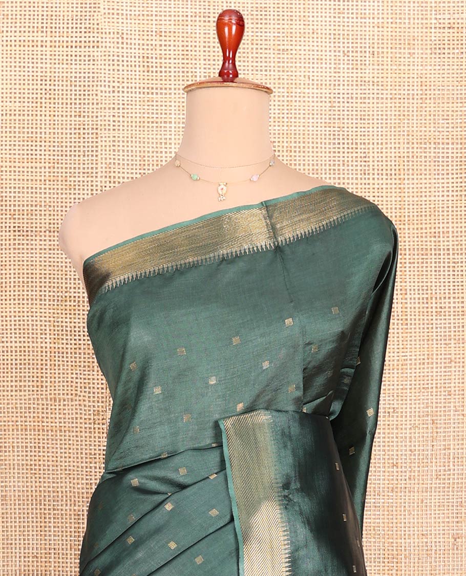 Green Banana Pith Saree Accentuated with Zari Buttas, Temple Border of Zari Designs, Subtle Pallu of Zari Designs, and Paired with a Matching Blouse - Image 2