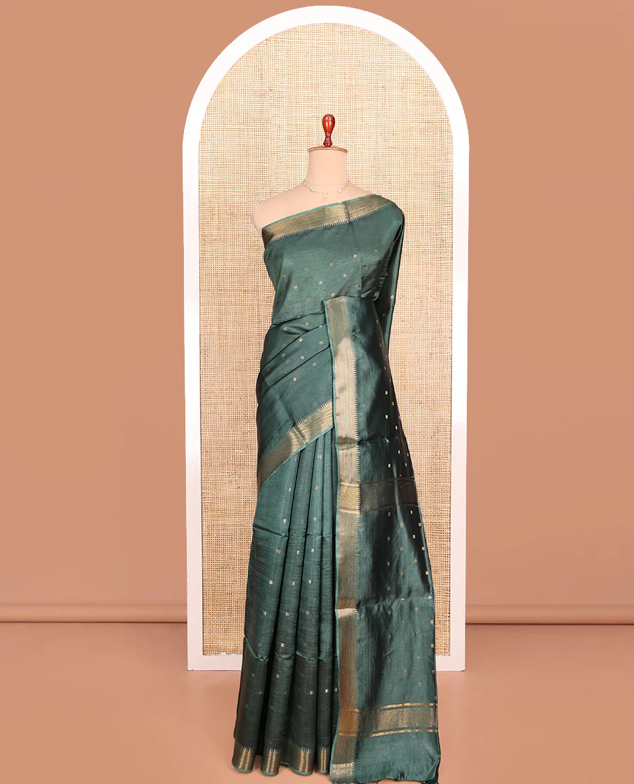 Green Banana Pith Saree Accentuated with Zari Buttas, Temple Border of Zari Designs, Subtle Pallu of Zari Designs, and Paired with a Matching Blouse - Image 3