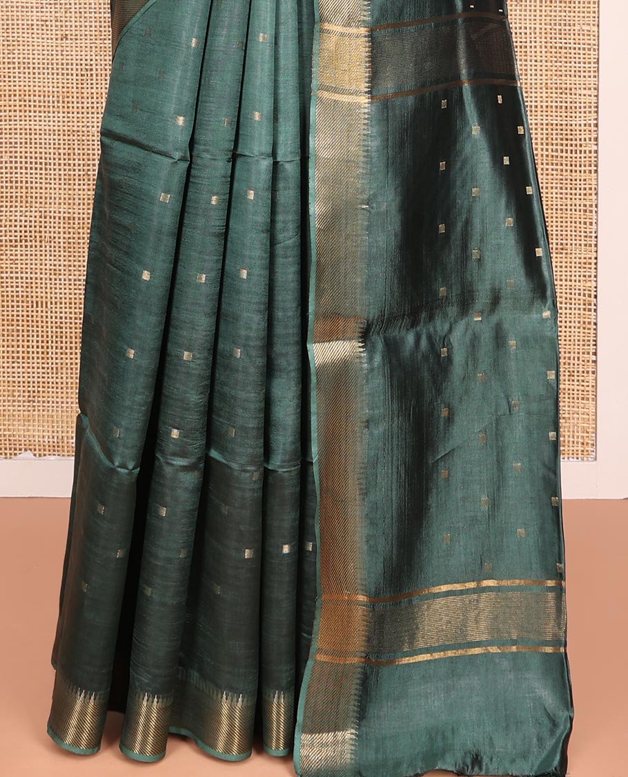 Green Banana Pith Saree Accentuated with Zari Buttas, Temple Border of Zari Designs, Subtle Pallu of Zari Designs, and Paired with a Matching Blouse - Image 4