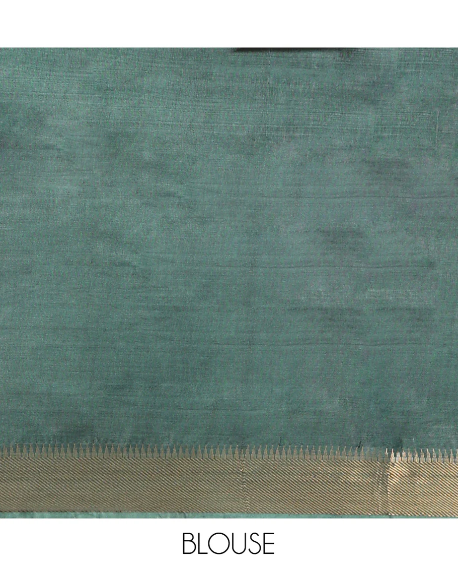 Green Banana Pith Saree Accentuated with Zari Buttas, Temple Border of Zari Designs, Subtle Pallu of Zari Designs, and Paired with a Matching Blouse - Image 5