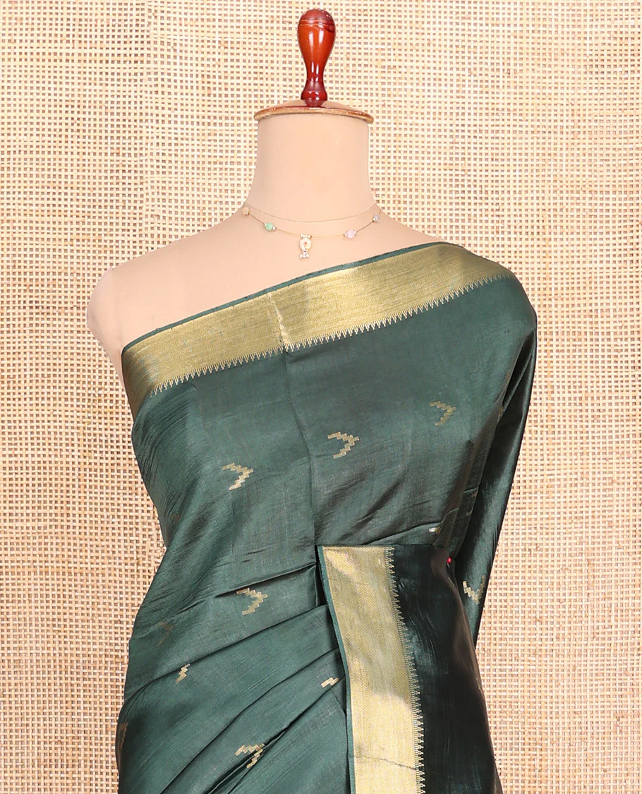 Green Banana Pith Saree Decorated with Zari Temple Buttas, Delicately Woven Temple Zari Border, Gleaming Zari Pallu of Horizontal Stripes in Zari, and Paired with a Matching Plain Blouse - Image 2