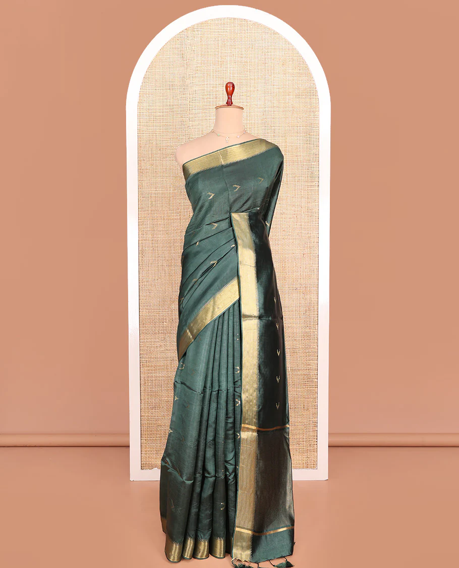 Green Banana Pith Saree Decorated with Zari Temple Buttas, Delicately Woven Temple Zari Border, Gleaming Zari Pallu of Horizontal Stripes in Zari, and Paired with a Matching Plain Blouse - Image 3