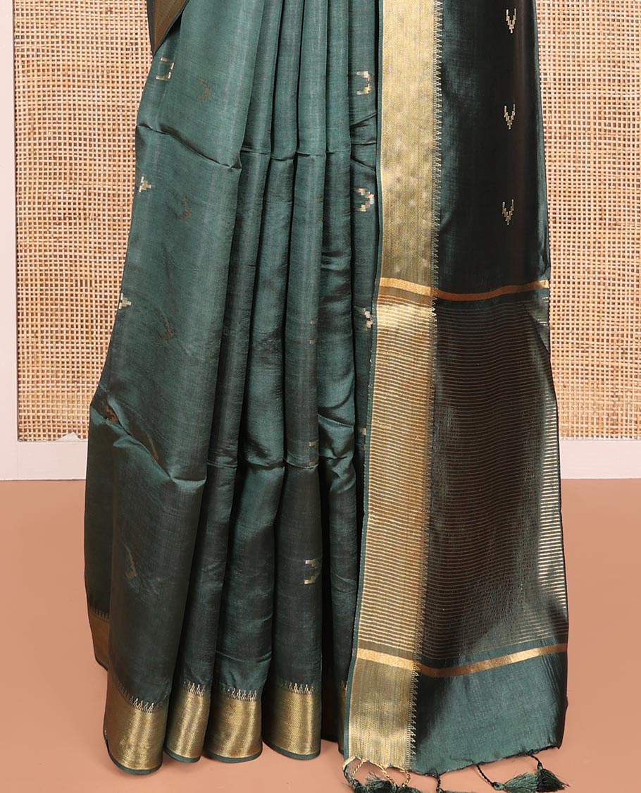 Green Banana Pith Saree Decorated with Zari Temple Buttas, Delicately Woven Temple Zari Border, Gleaming Zari Pallu of Horizontal Stripes in Zari, and Paired with a Matching Plain Blouse - Image 4