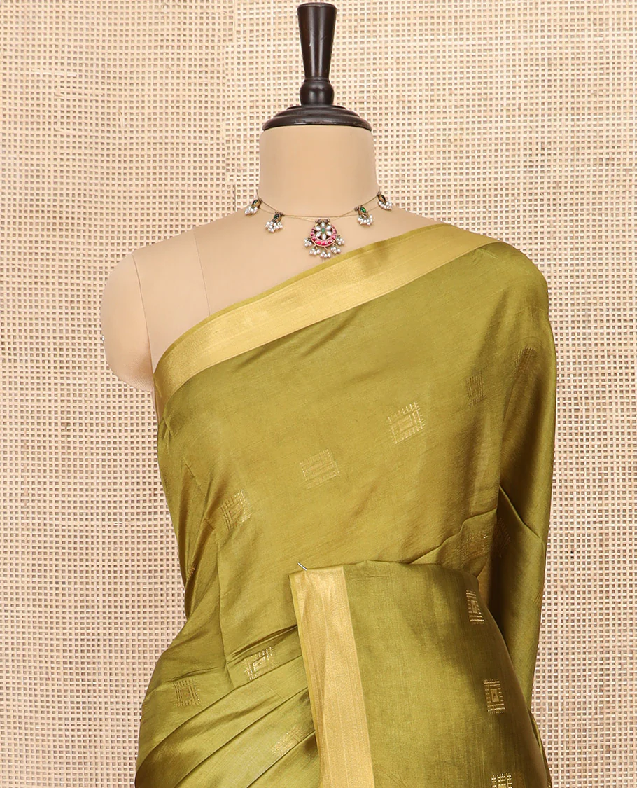 Green Banana Pith Saree Delicately Woven with Square Zari Buttas, Bavanji Border, Gleaming Zari Striped Pallu, and Paired with a Matching Plain Blouse - Image 2