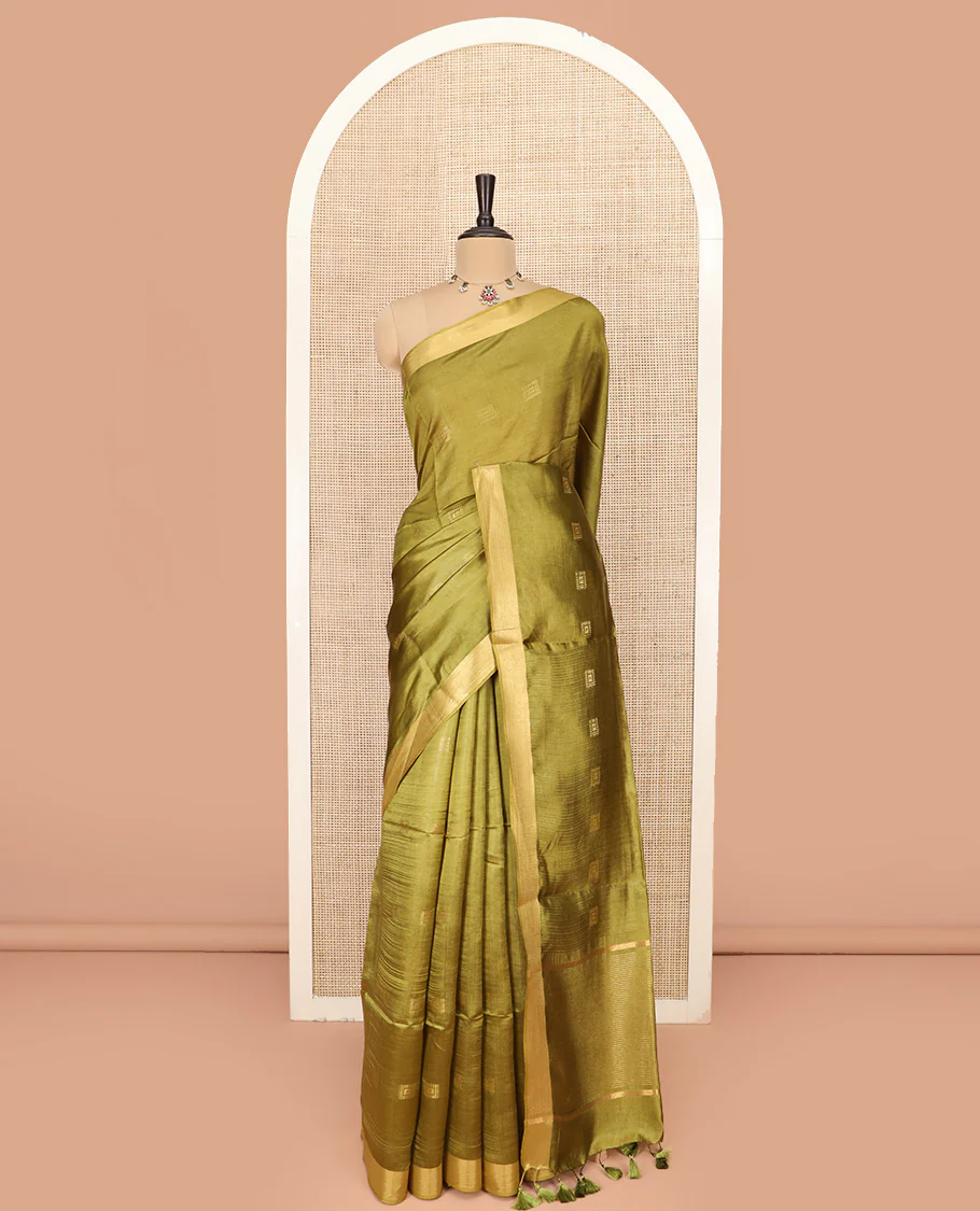 Green Banana Pith Saree Delicately Woven with Square Zari Buttas, Bavanji Border, Gleaming Zari Striped Pallu, and Paired with a Matching Plain Blouse - Image 3