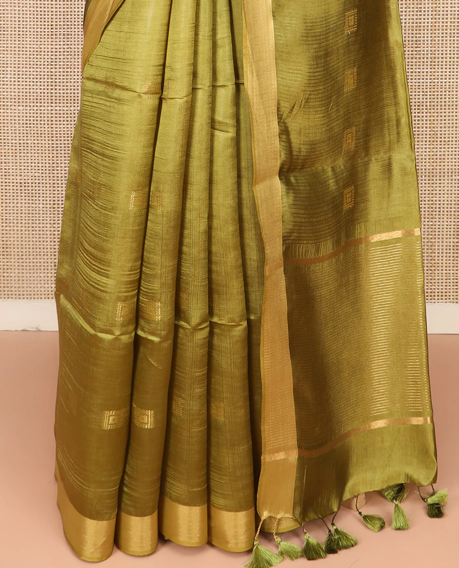 Green Banana Pith Saree Delicately Woven with Square Zari Buttas, Bavanji Border, Gleaming Zari Striped Pallu, and Paired with a Matching Plain Blouse - Image 4