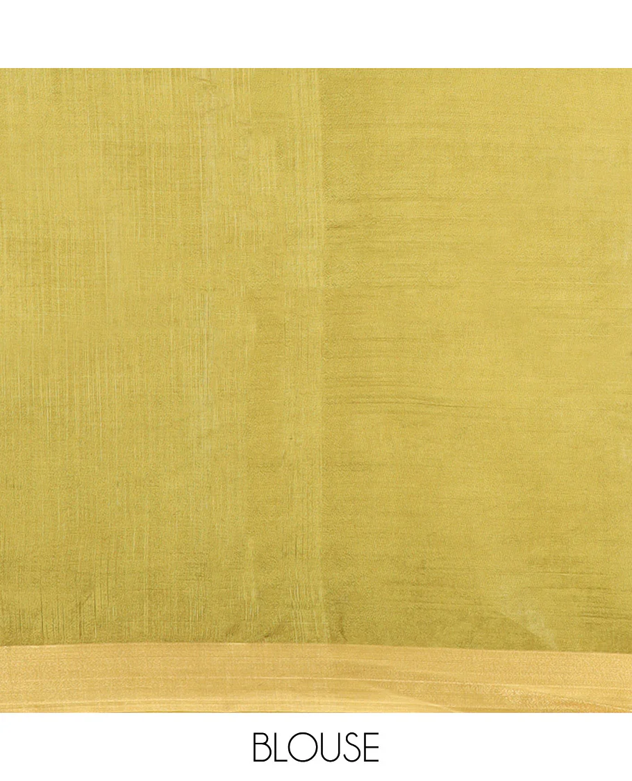 Green Banana Pith Saree Delicately Woven with Square Zari Buttas, Bavanji Border, Gleaming Zari Striped Pallu, and Paired with a Matching Plain Blouse - Image 5