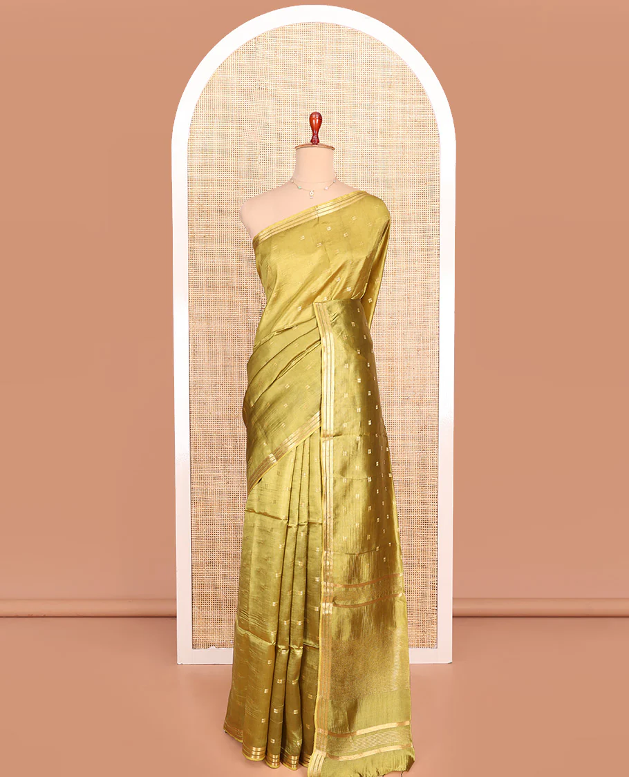 Green Banana Pith Saree Gracefully Embellished with Square-Shaped Zari Buttas, Subtly Woven Zari Piping Border, Pallu Gleamed Up with Zari Stripes, and Paired with a Matching Blouse - Image 3