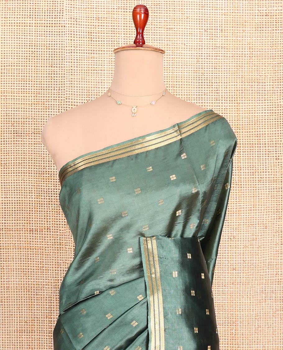 Green Banana Pith Saree Prettified with Square-Shaped Zari Buttas, Subtly Woven Zari Piping Border, Pallu Gleamed Up with Zari Stripes, and Paired with a Matching Blouse - Image 2