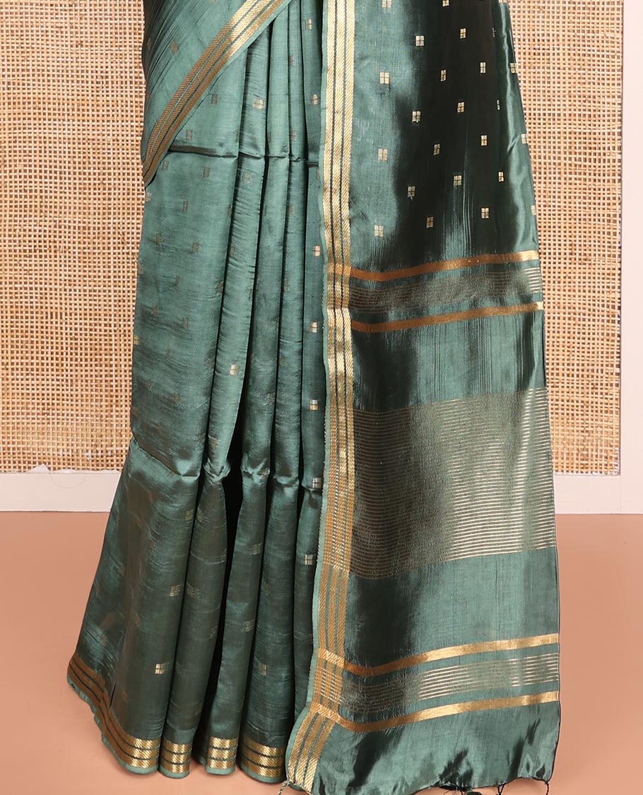Green Banana Pith Saree Prettified with Square-Shaped Zari Buttas, Subtly Woven Zari Piping Border, Pallu Gleamed Up with Zari Stripes, and Paired with a Matching Blouse - Image 4